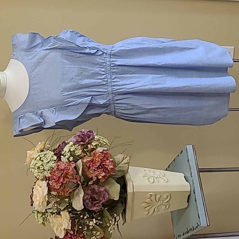 NEW Sleeveless Dress Denim Cotton Blue Penifore Style Ruffle Elastic Waist XL